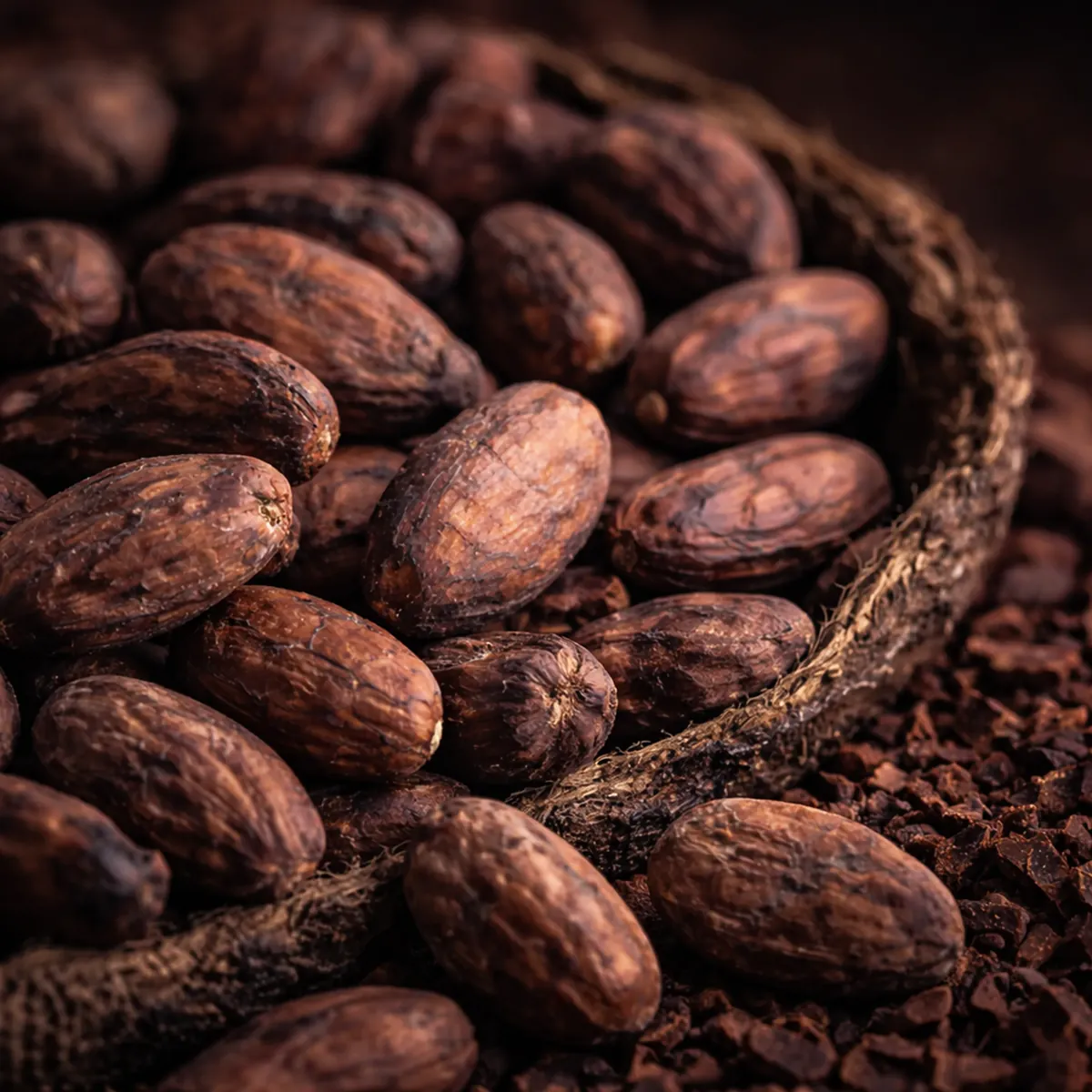 Roasted cocoa beans in a wooden bowl